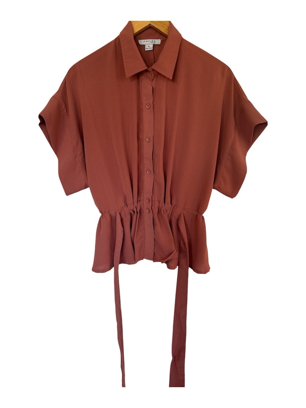 Talia Rust Short-Sleeve Drawstring Waist Button-Front Top